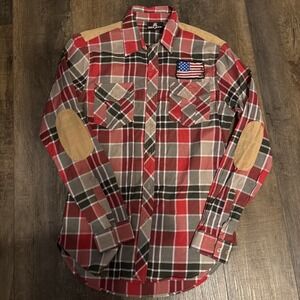 Red‎ Ape Men's Medium Plaid Button Down Flag Elbow Patches Y2K 90's